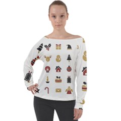 Christmas Symbols Off Shoulder Long Sleeve Velour Top by artworkshop