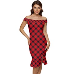 Lumberjack Plaid Off Shoulder Ruffle Split Hem Bodycon Dress by artworkshop