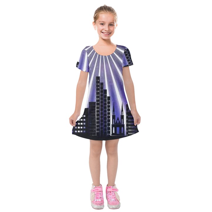 Superhero City Background Kids  Short Sleeve Velvet Dress