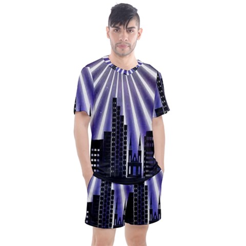 Superhero City Background Men s Mesh Tee And Shorts Set by artworkshop