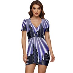 Superhero City Background Low Cut Cap Sleeve Mini Dress by artworkshop