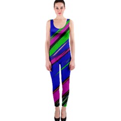 Diagonal Green Blue Purple And Black Abstract Art One Piece Catsuit by KorokStudios