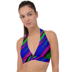 Diagonal Green Blue Purple And Black Abstract Art Halter Plunge Bikini Top by KorokStudios