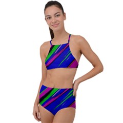 Diagonal Green Blue Purple And Black Abstract Art High Waist Tankini Set