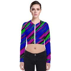 Diagonal Green Blue Purple And Black Abstract Art Long Sleeve Zip Up Bomber Jacket by KorokStudios