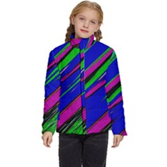 Diagonal Green Blue Purple And Black Abstract Art Kids  Puffer Bubble Jacket Coat by KorokStudios