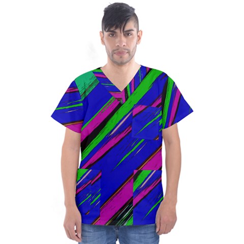 Diagonal Green Blue Purple And Black Abstract Art Men s V-neck Scrub Top by KorokStudios