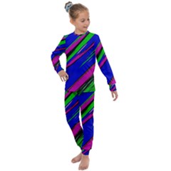 Diagonal Green Blue Purple And Black Abstract Art Kids  Long Sleeve Set 