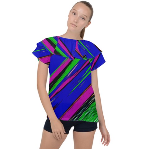 Diagonal Green Blue Purple And Black Abstract Art Ruffle Collar Chiffon Blouse by KorokStudios