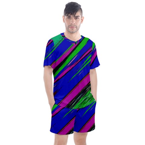 Diagonal Green Blue Purple And Black Abstract Art Men s Mesh Tee And Shorts Set by KorokStudios