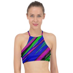 Diagonal Green Blue Purple And Black Abstract Art Racer Front Bikini Top by KorokStudios