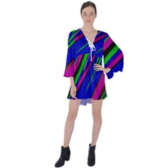 Diagonal Green Blue Purple And Black Abstract Art V-neck Flare Sleeve Mini Dress by KorokStudios