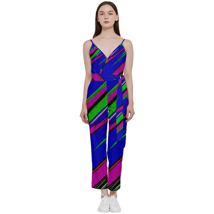 Diagonal Green Blue Purple And Black Abstract Art V-Neck Spaghetti Strap Tie Front Jumpsuit