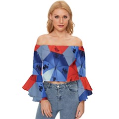 Letters Pattern Folding Umbrellas 2 Off Shoulder Flutter Bell Sleeve Top