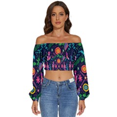 Pattern Nature Design Long Sleeve Crinkled Weave Crop Top