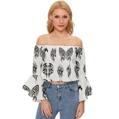 Tattoo Pattern Coin Purse Off Shoulder Flutter Bell Sleeve Top