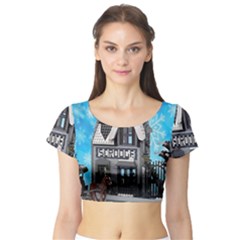 Winter Village Snow Brick Buildings Short Sleeve Crop Top by artworkshop