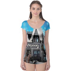 Winter Village Snow Brick Buildings Boyleg Leotard  by artworkshop