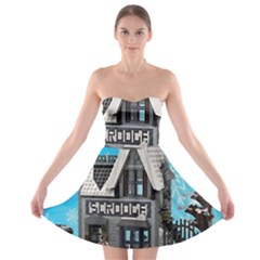 Winter Village Snow Brick Buildings Strapless Bra Top Dress by artworkshop