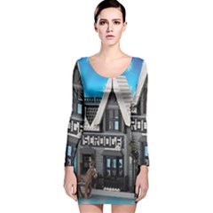 Winter Village Snow Brick Buildings Long Sleeve Velvet Bodycon Dress by artworkshop