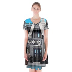 Winter Village Snow Brick Buildings Short Sleeve V-neck Flare Dress by artworkshop