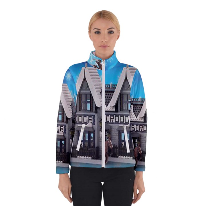 Winter Village Snow Brick Buildings Women s Bomber Jacket