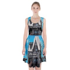 Winter Village Snow Brick Buildings Racerback Midi Dress by artworkshop