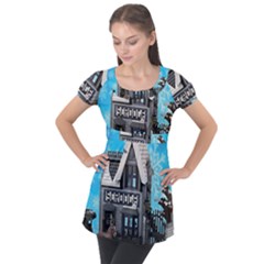 Winter Village Snow Brick Buildings Puff Sleeve Tunic Top by artworkshop