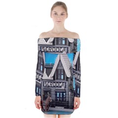 Winter Village Snow Brick Buildings Long Sleeve Off Shoulder Dress by artworkshop