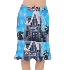 Winter Village Snow Brick Buildings Short Mermaid Skirt by artworkshop