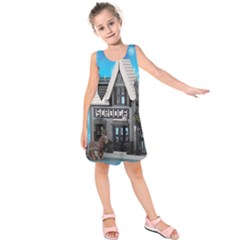 Winter Village Snow Brick Buildings Kids  Sleeveless Dress by artworkshop