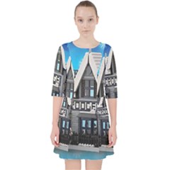 Winter Village Snow Brick Buildings Quarter Sleeve Pocket Dress by artworkshop