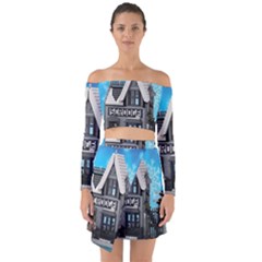 Winter Village Snow Brick Buildings Off Shoulder Top With Skirt Set by artworkshop