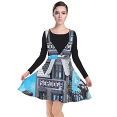 Winter Village Snow Brick Buildings Plunge Pinafore Dress by artworkshop