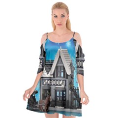 Winter Village Snow Brick Buildings Cutout Spaghetti Strap Chiffon Dress by artworkshop