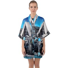 Winter Village Snow Brick Buildings Half Sleeve Satin Kimono  by artworkshop