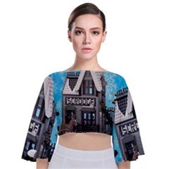 Winter Village Snow Brick Buildings Tie Back Butterfly Sleeve Chiffon Top by artworkshop