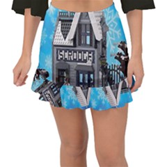 Winter Village Snow Brick Buildings Fishtail Mini Chiffon Skirt by artworkshop