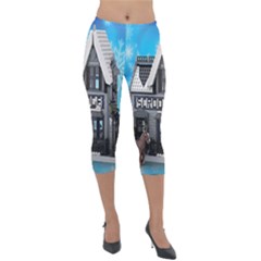 Winter Village Snow Brick Buildings Lightweight Velour Capri Leggings  by artworkshop