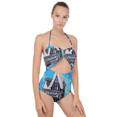 Winter Village Snow Brick Buildings Scallop Top Cut Out Swimsuit by artworkshop