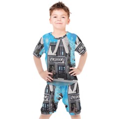 Winter Village Snow Brick Buildings Kids  Tee And Shorts Set by artworkshop