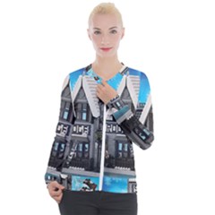 Winter Village Snow Brick Buildings Casual Zip Up Jacket by artworkshop