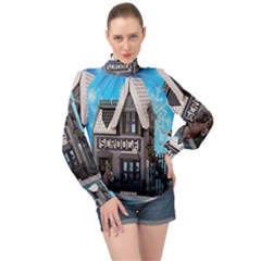 Winter Village Snow Brick Buildings High Neck Long Sleeve Chiffon Top by artworkshop