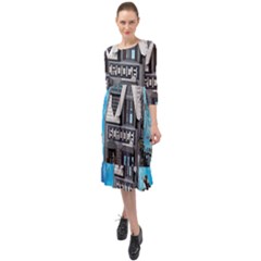 Winter Village Snow Brick Buildings Ruffle End Midi Chiffon Dress by artworkshop