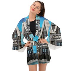 Winter Village Snow Brick Buildings Long Sleeve Kimono by artworkshop