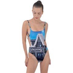 Winter Village Snow Brick Buildings Tie Strap One Piece Swimsuit by artworkshop