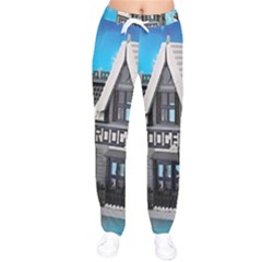 Winter Village Snow Brick Buildings Women Velvet Drawstring Pants by artworkshop