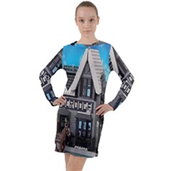 Winter Village Snow Brick Buildings Long Sleeve Hoodie Dress by artworkshop