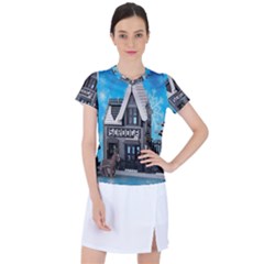 Winter Village Snow Brick Buildings Women s Sports Top by artworkshop