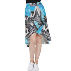 Winter Village Snow Brick Buildings Frill Hi Low Chiffon Skirt by artworkshop